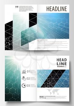 Templates for bi fold brochure, magazine, flyer or report. Cover design template, easy editable vector layout in A4 size. Chemistry pattern, hexagonal molecule structure. Medicine and science concept.