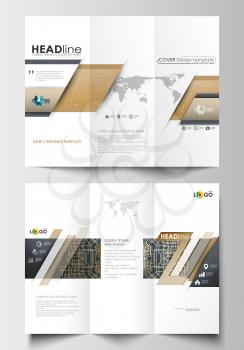 Tri-fold brochure business templates on both sides. Easy editable abstract layout in flat design. Golden technology background, connection structure with connecting dots and lines, science vector.