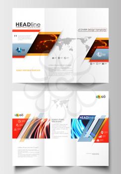 Tri-fold brochure business templates on both sides. Easy editable abstract layout in flat design. Abstract lines background with color glowing neon streams, motion design vector.