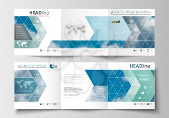 Set of business templates for tri-fold brochures. Square design. Leaflet cover, abstract blue flat layout, easy editable blank, vector illustration.
