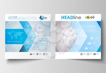 Business templates for square design brochure, magazine, flyer, booklet or annual report. Leaflet cover, abstract flat layout, easy editable blank. Molecule structure on blue background. Science healt