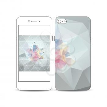 Mobile smartphone with an example of the screen and cover design isolated on white background. Molecular construction with connected lines and dots, scientific pattern, colorful polygonal background