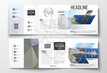 Vector set of tri-fold brochures, square design templates with element of world globe. Colorful polygonal backdrop, blurred background, sea landscape, modern triangle vector texture.