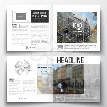 Set of annual report business templates for brochure, magazine, flyer or booklet. Polygonal background, blurred image, urban landscape, cityscape, modern triangular texture.