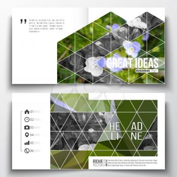Set of annual report business templates for brochure, magazine, flyer or booklet. Polygonal floral background, blurred image, blue flowers in green grass closeup, modern triangular texture.