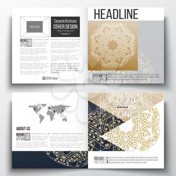 Set of square design brochure template. Golden microchip pattern, connecting dots and lines, connection structure. Digital scientific background.