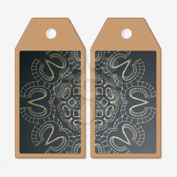 Vector tags design on both sides, cardboard sale labels. Polygonal backdrop with golden connecting dots and lines, connection structure. Digital scientific background