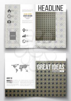 Set of business templates for brochure, magazine, flyer, booklet or annual report. Islamic gold pattern with overlapping geometric square shapes forming abstract ornament. Vector golden texture.
