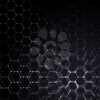Chemistry 3D pattern, hexagonal design molecule structure on black, scientific medical research. Medicine, science and technology concept. Motion design. Geometric abstract background