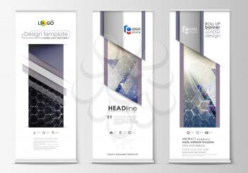 Roll up banner stands, abstract geometric style templates, corporate vertical vector flyers, flag banner layouts. Chemistry pattern, hexagonal molecule structure. Medicine, science, technology concept