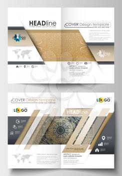 Business templates for brochure, magazine, flyer, booklet or annual report. Cover design template, easy editable blank, abstract flat layout in A4 size. Golden technology background, connection struct