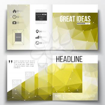 Vector set of square design brochure template. Molecular construction with connected lines and dots, scientific pattern on abstract yellow polygonal background, modern stylish triangle vector texture.