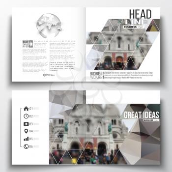 Set of annual report business templates for brochure, magazine, flyer or booklet. Polygonal background, blurred image, view of cathedral Sakre-Ker, Paris cityscape, modern triangular vector texture