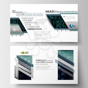 Business templates in HD size for presentation slides. Easy editable layouts in flat design. Virtual reality, color code streams glowing on screen, abstract technology background with symbols.
