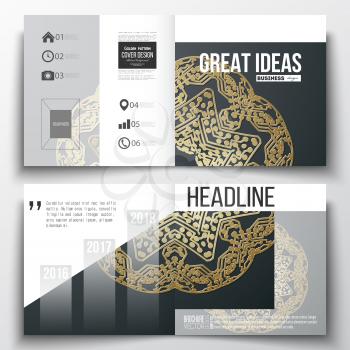 Set of annual report business templates for brochure, magazine, flyer or booklet. Golden microchip pattern, mandala template with connecting dots and lines, connection structure.