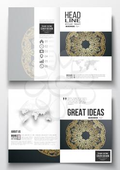 Set of business templates for brochure, magazine, flyer, booklet or annual report. Golden microchip pattern on dark background, mandala template with connecting dots and lines, connection structure.