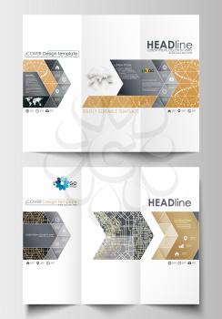 Tri-fold brochure business templates on both sides. Easy editable abstract layout in flat design. Golden technology background, connection structure with connecting dots and lines, science vector