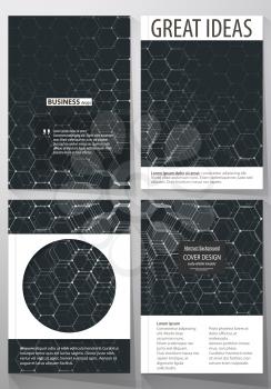 Templates for brochure, magazine, flyer. Cover template, easy editable vector, layout in A4 size. Chemistry 3D pattern, hexagonal molecule structure on black. Motion design. Geometric background