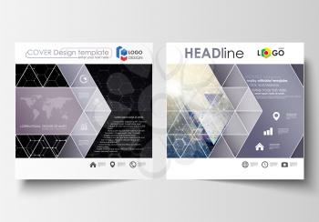 Templates for square design brochure, magazine, flyer, report. Leaflet cover, easy editable vector layout. Chemistry pattern, hexagonal molecule structure. Medicine, science and technology concept