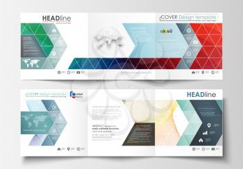Set of business templates for tri fold square brochures. Leaflet cover, flat layout, easy editable vector. Colorful design background with abstract shapes and waves, overlap effect