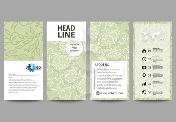 Flyers set, modern banners. Business templates. Cover design template, abstract flat layouts. Green color background with leaves. Spa concept in linear style. Vector decoration for fashion, cosmetics,
