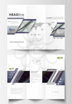 Tri-fold brochure business templates on both sides. Easy editable layout in flat style, vector illustration. Abstract waves, lines and curves. Dark color background. Motion design