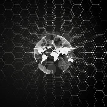 White dotted world globe, connecting lines and dots on black color background. Chemistry pattern, hexagonal molecule structure, scientific or medical research. Medicine, science, technology concept. A