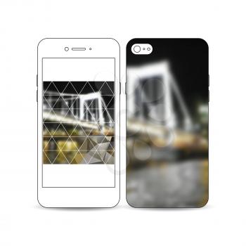 Mobile smartphone with an example of the screen and cover design isolated on white background. Colorful polygonal background, blurred image, night city landscape, modern triangular vector texture