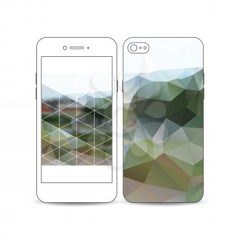 Mobile smartphone with an example of the screen and cover design isolated on white background. Polygonal background, blurred image, park landscape, modern stylish vector texture.