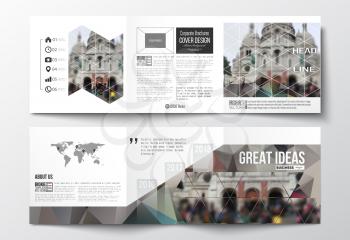 Vector set of tri-fold brochures, square design templates with element of world map. Polygonal background, blurred image, view of cathedral Sakre-Ker, Paris cityscape, modern triangular vector texture