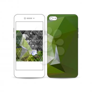 Mobile smartphone with an example of the screen and cover design isolated on white background. Polygonal floral background, blurred image, blue flowers in green grass closeup, triangular texture.