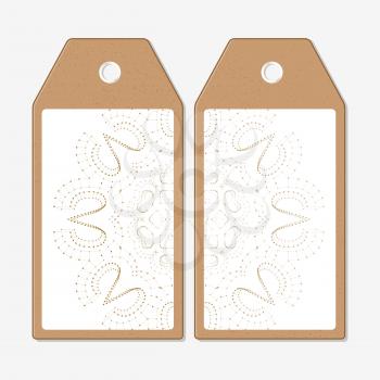 Vector tags design on both sides, cardboard sale labels. Polygonal low poly backdrop with connecting dots and lines, golden connection structure isolated on white background. Digital or science vector