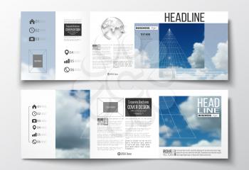 Set of tri-fold brochures, square design templates with element of world globe. Beautiful blue sky, abstract geometric background with white clouds, leaflet cover, business layout, vector illustration