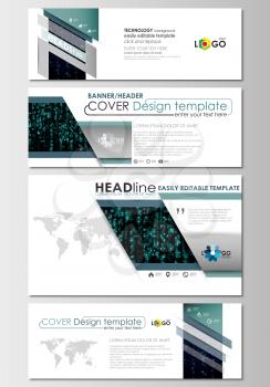 Social media and email headers set, modern banners. Business templates. Cover design template, easy editable, abstract flat layout in popular sizes. Virtual reality, color code streams glowing on scre