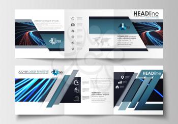 Set of business templates for tri-fold brochures. Square design. Leaflet cover, abstract flat layout, easy editable blank. Abstract lines background with color glowing neon streams, motion design vect