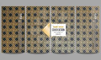 Set of modern vector flyers. Islamic gold pattern with overlapping geometric square shapes forming abstract ornament. Vector stylish golden texture on black background.