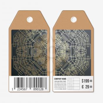 Vector tags design on both sides, cardboard sale labels with barcode. Golden technology pattern on dark background with connecting lines and dots, connection structure. Digital scientific vector