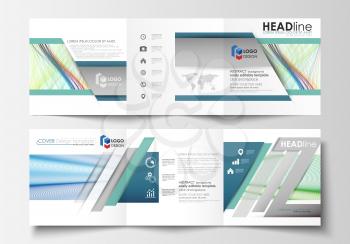 Set of business templates for tri fold square brochures. Leaflet cover, flat layout, easy editable vector. Colorful background with abstract waves, lines. Bright color curves. Motion design