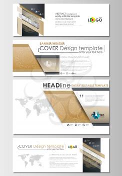 Social media and email headers set, modern banners. Business templates. Cover design template, easy editable, abstract flat layout in popular sizes. Golden technology background, connection structure 