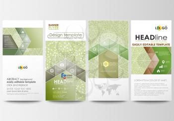 Flyers set, modern banners. Business templates. Cover design template, abstract flat layouts. Green color background with leaves. Spa concept in linear style. Vector decoration.