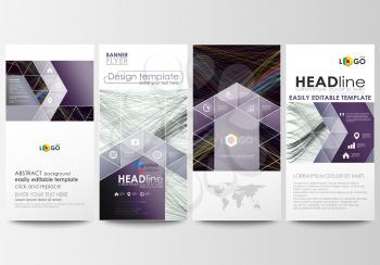 Flyers set, modern banners. Business templates. Cover template, easy editable flat style layouts, vector illustration. Abstract waves, lines and curves. Dark color background. Motion design