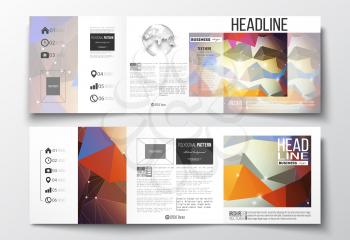 Vector set of tri-fold brochures, square design templates with element of world globe. Molecular construction with connected lines and dots, scientific pattern on abstract colorful polygonal backgroun