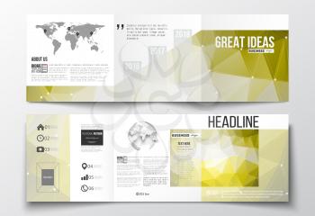 Vector set of tri-fold brochures, square design templates with element of world map and globe. Molecular construction with connected lines and dots, scientific pattern on abstract yellow polygonal bac