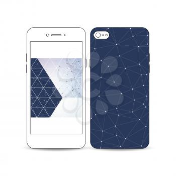 Mobile smartphone with an example of the screen and cover design isolated on white. Polygonal backdrop with connecting dots and lines, connection structure isolated on blue. Digital or science vector.