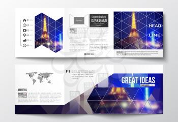 Vector set of tri-fold brochures, square design templates with element of world map. Dark polygonal background, blurred image, night city landscape, Paris cityscape, modern triangular vector texture