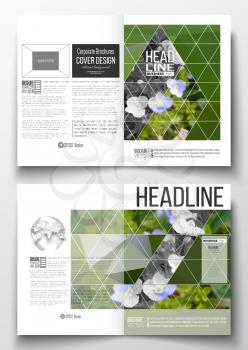 Set of business templates for brochure, magazine, flyer, booklet or annual report. Polygonal floral background, blurred image, blue flowers in green grass closeup, modern triangular texture.