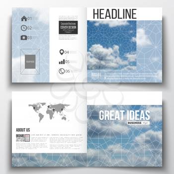 Set of square design brochure template. Beautiful blue sky, abstract geometric background with white clouds, leaflet cover, business layout, vector illustration.