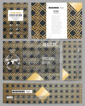 Set of business templates for presentation, brochure, flyer or booklet. Islamic gold pattern, overlapping geometric square shapes forming abstract ornament. Vector golden texture on black background.