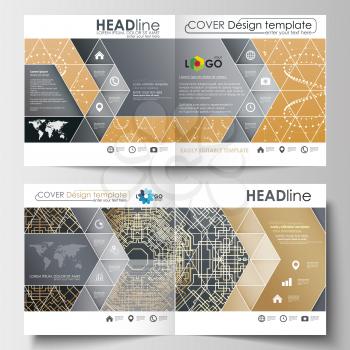 Business templates for square design brochure, magazine, flyer, booklet or annual report. Leaflet cover, abstract flat layout, easy editable blank. Golden technology background, connection structure w