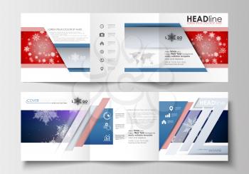 Set of business templates for tri-fold brochures. Square design. Leaflet cover, abstract flat layout, easy editable blank. Christmas decoration, vector background with shiny snowflakes.